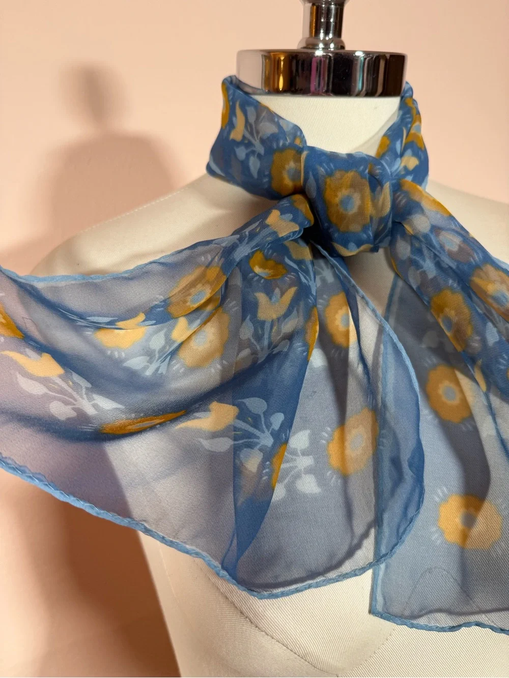 Vintage Cottagecore floral semi sheer blue tan long rectangular scarf